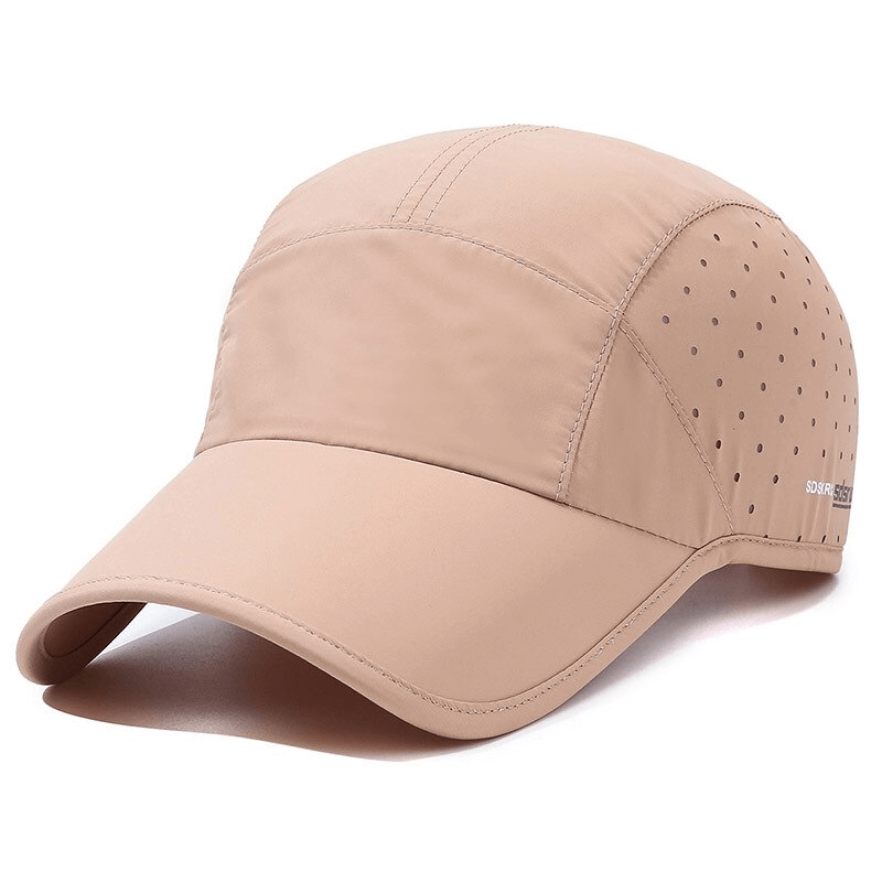 Outdoor sports waterproof breathable adjustable baseball cap in beige with perforated design, perfect for all-weather activities.